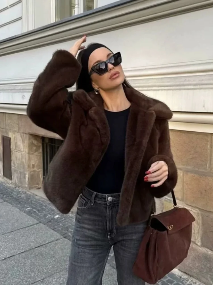 Women Faux Fur Short Coat Lapel Collar Open Front Long Sleeve Loose Fit Warm Winter Cropped Fuzzy Plush Jacket Casual Outerwear