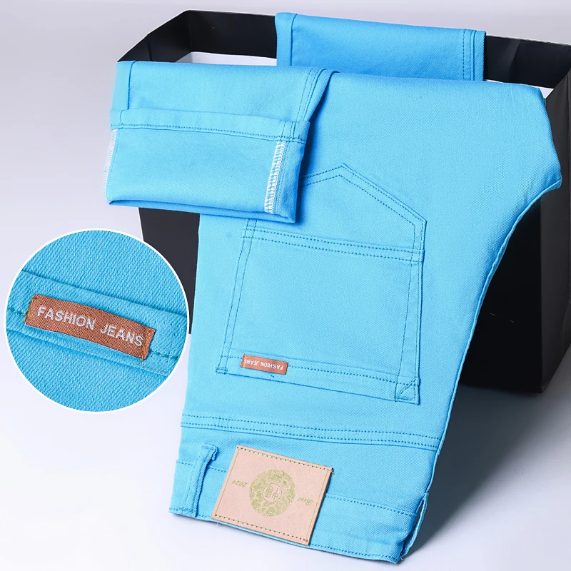 

2026 96% Cotton Elastic Lake Blue Jeans Men's Spring Slim Straight Denim Pants Comfort Korean Business Casual Trousers