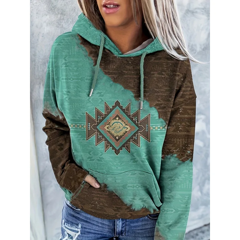 

Ethnic Print Hoodie Women's Fashionable Printed Sweatshirt Cross-Border Clothing Spring Season Comfortable Cotton T-Shirt
