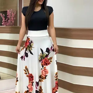 Kurzarmleid für Frauen, großer Rock mit Blumendruck, kombinierter Farbe, europäischer und amerikanischer Stil, 2024 6 Hauptverkäufe kurze Kleider gedruckt - №4