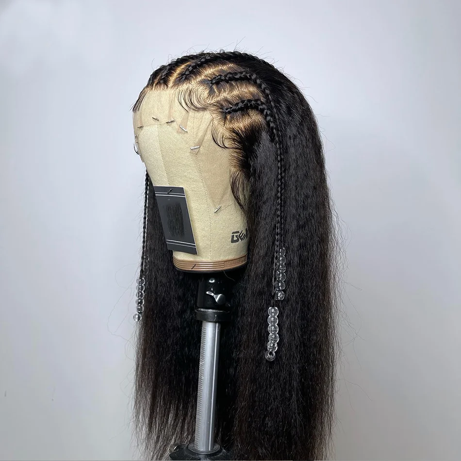 Yaki suave 26 pulgadas de largo negro rizado recto 180 densidad peluca con malla frontal para mujeres Babyhair resistente al calor prearrancado sin pegamento diario