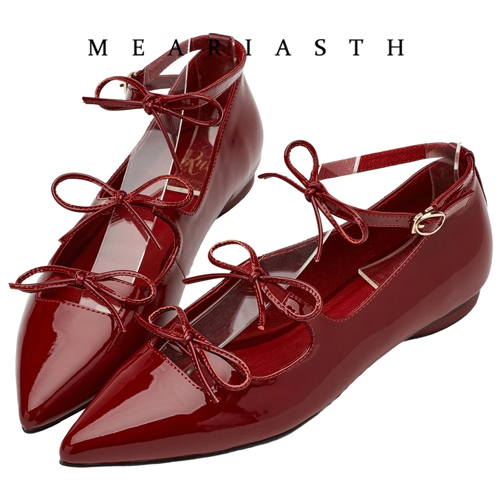 

T-strap Pointed Toe Flats Shoes Women Bowtie Buckle Strap PU Leather Elegant Red Mary Janes Shoes Ladies Party Black Pumps 2026