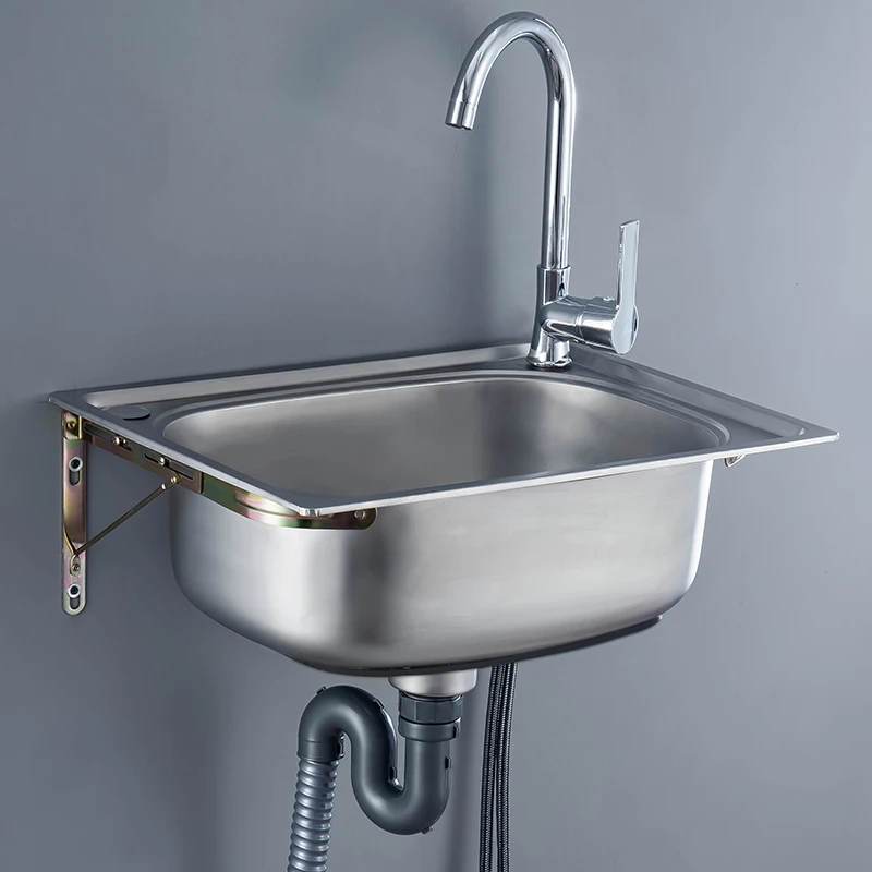 حوض مثبت على الحائط من الفولاذ المقاوم للصدأ حوض مفرد صغير للمطبخ حوض خضروات بسيط حوض غسيل حوض واحد مع براك #2