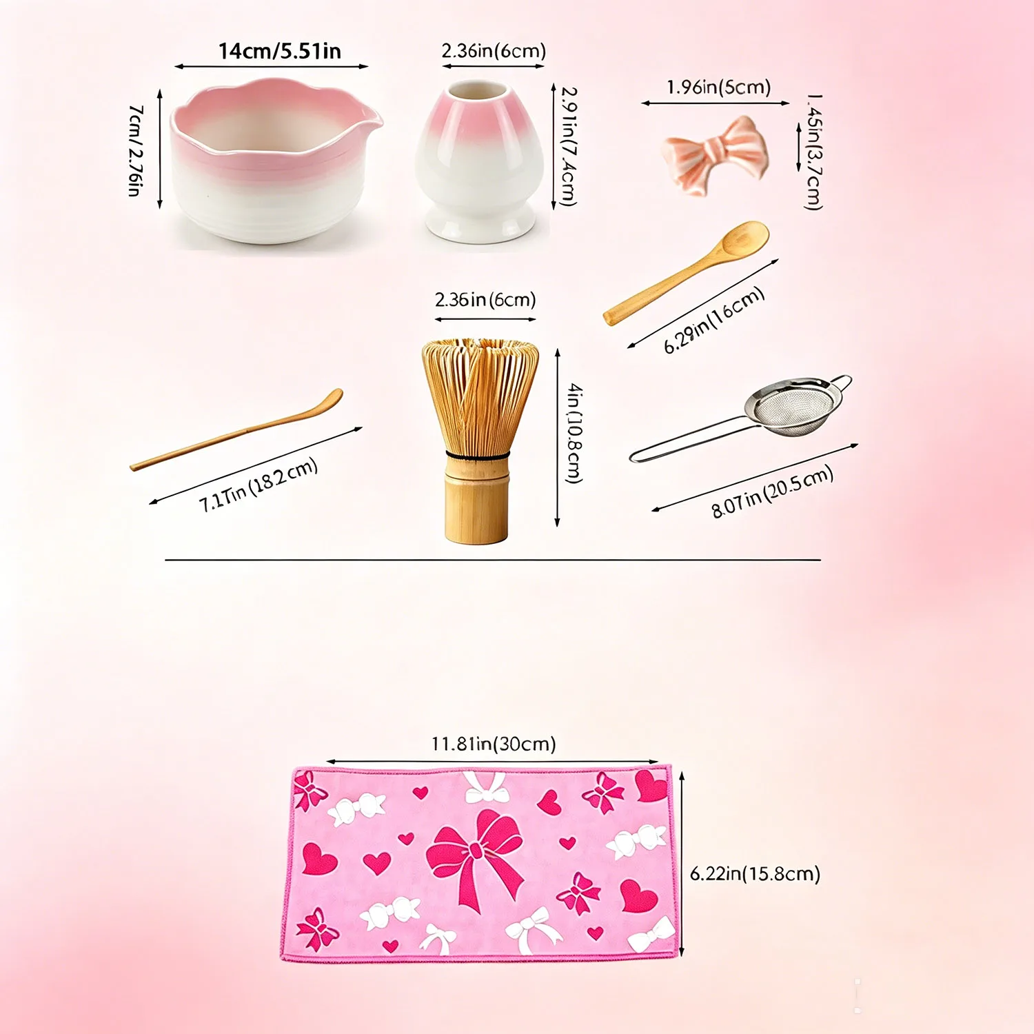 4/5/7PCS Pink Gradient Flower Rim Matcha Tea Set, Japanese Matcha Kit with Spouted Chawan, Bamboo Whisk, Sifter, Scoop & Tea Mat - view 3