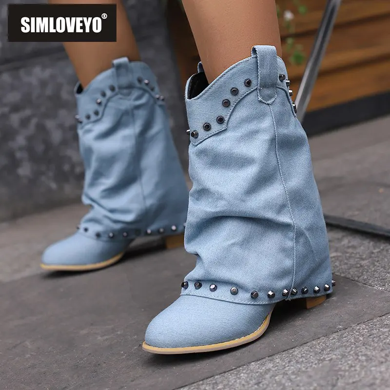 SIMLOVEYO Fabric Cowboy Women Ankle Boots Layer Pleated Chunky Heel 6cm Slip On 46 47 48 Rivets Leisure Lady Shoes