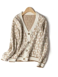 Luxury Women 100% Cashmere Sweater V-neck Letter Design Cardigan Autumn Winter 100% Cashmere Knitwear Korean Popular Clothes
