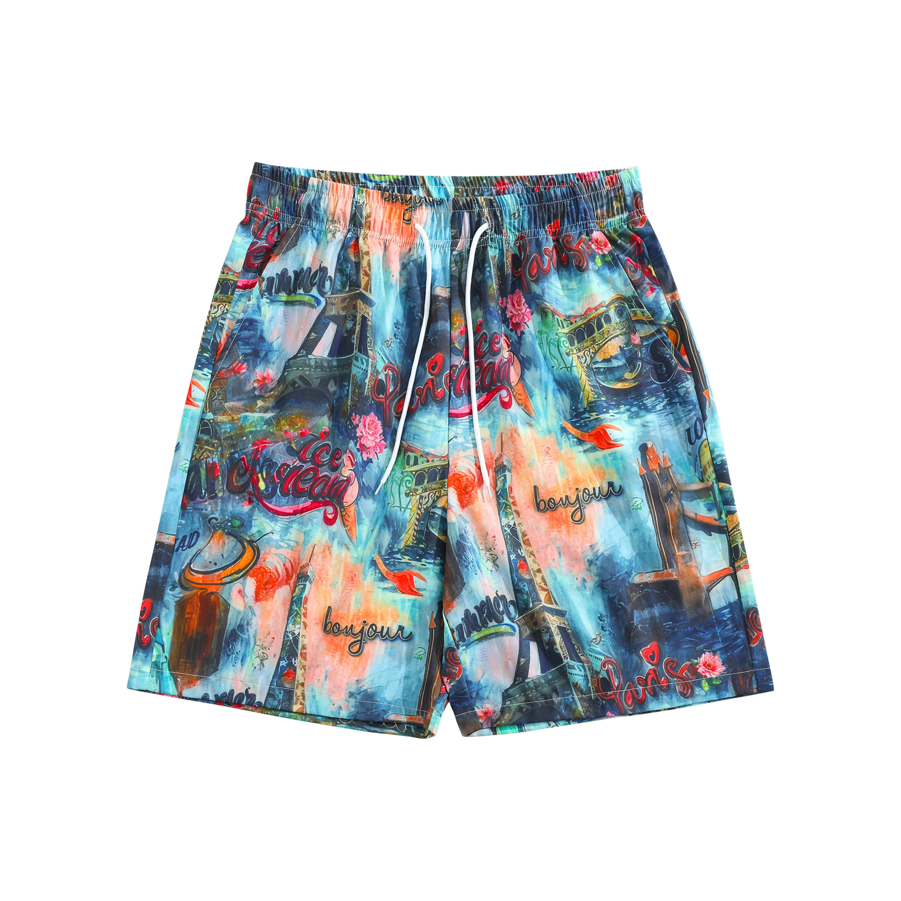 

Mens Casual Shorts Multi Color European Architecture Silhouette Print Elastic Drawstring Waist Loose Fit Urban Travel Pants