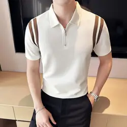 Summer High Elastic Stripe Short Sleeve Polo Shirts 2023 Men's Business Casual Zipper T-shirt Tops Streetwear Plus Size 4XL-M