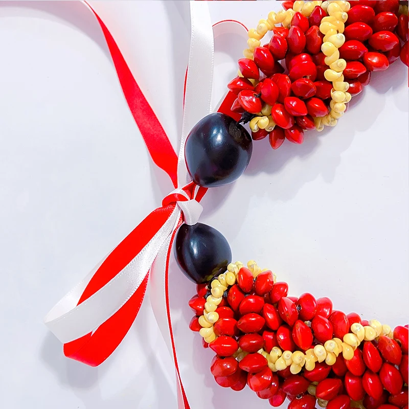 New Arrival Samoan Lopa Necklace Red Lucky Seeds With Yellow White Mongo Shell Braided Ula Lopa Set Luxury Hawaii Wiliwili Lei