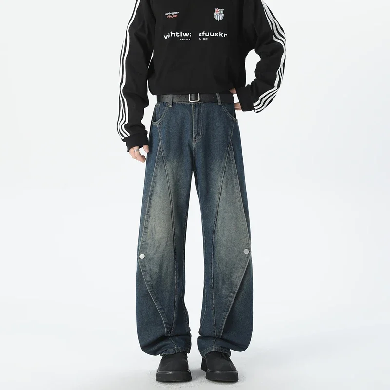 

Vibe Ken American Style Retro Baggy Flared Jeans Men High Street Casual Splicing Logging Cargo Denim Pants Cotton Streetwear Y2k