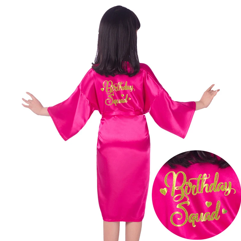 Wholesale Birthday Squad Gold Glitter Girl Robes Children Satin kimono Solid Color Kids Sleepwear for Birthday Spa Party D62