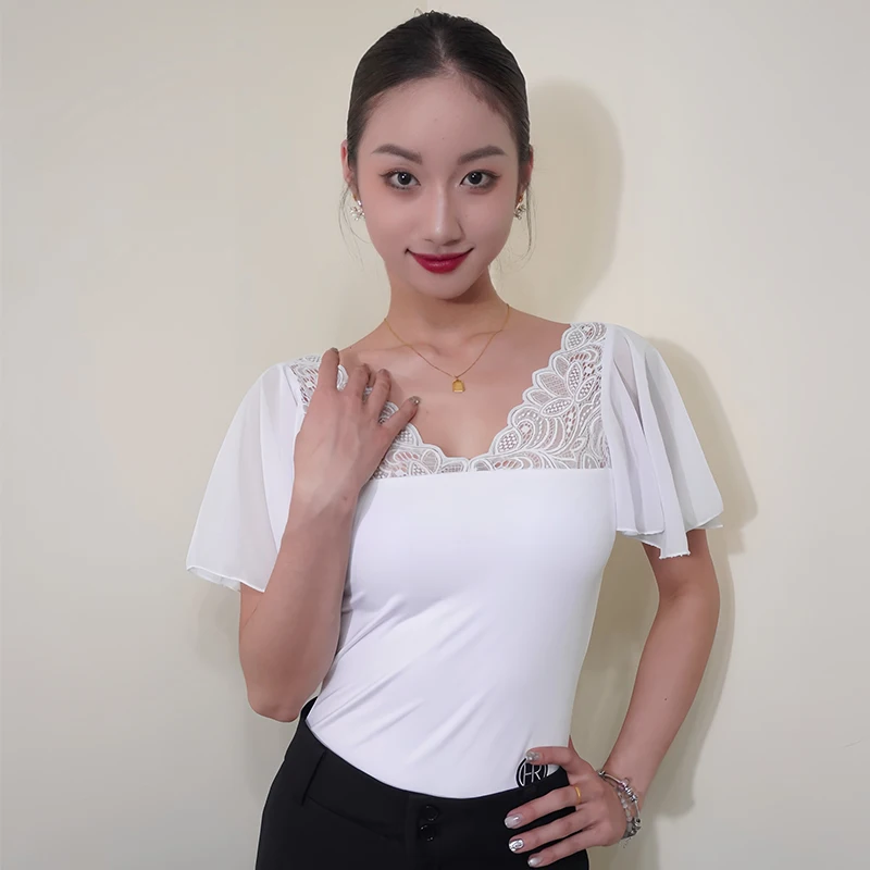 New White Lace Ballroom Dance Tops V Neck Leotards Adult Short Sleeves Practice Clothes Waltz Dance Performance Costume DNV21066