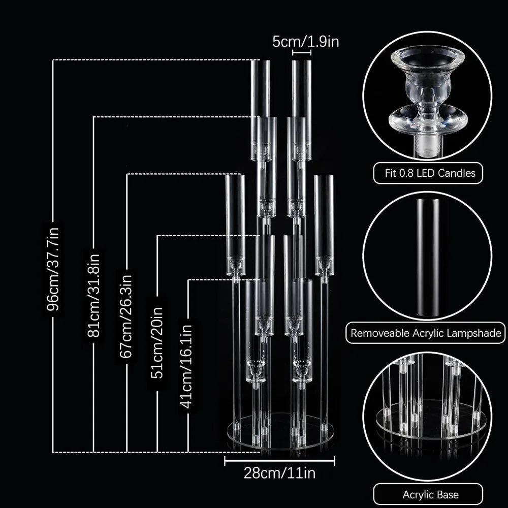 4 Sets 10 Arms Acrylic Candelabra Wedding Centerpiece,3.37Inches Floor Acrylic Clear Candlesticks Holder with Acrylic Clear