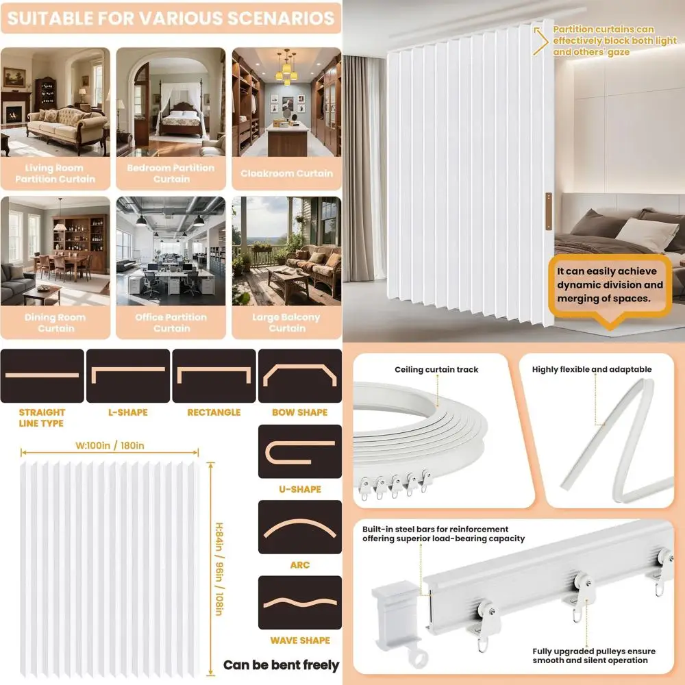 

Ceiling-Mounted White Accordion Room Divider, 100 Wide x 96 Tall, Easy Install, 1 Pack