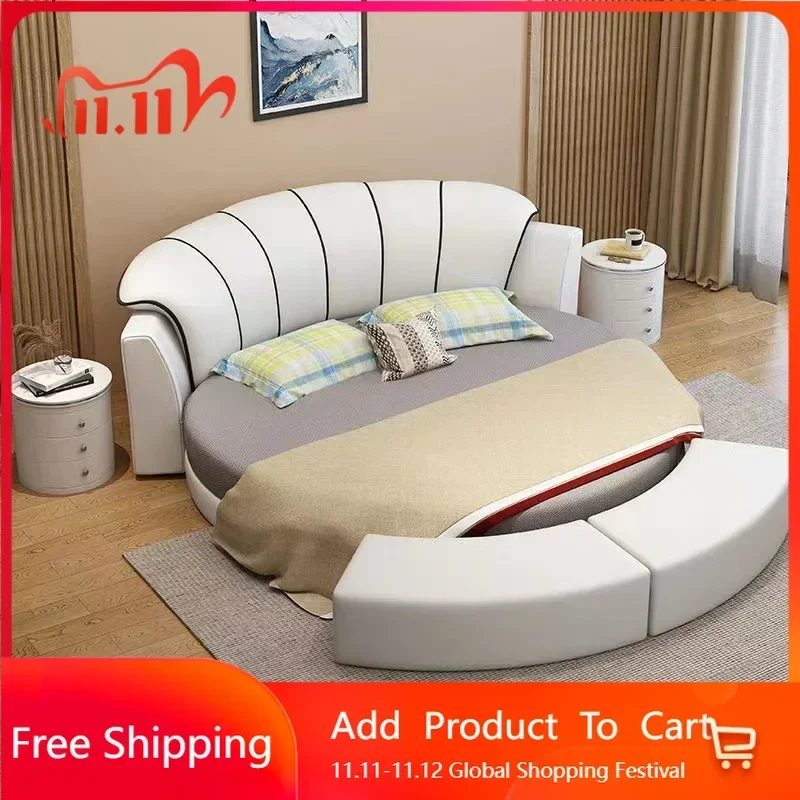 

Aesthetic Leather Luxury Double Bed Modern Loft Adult Queen Round Bed Frames Mattress Organizer Service Muebles Hotel Furniture