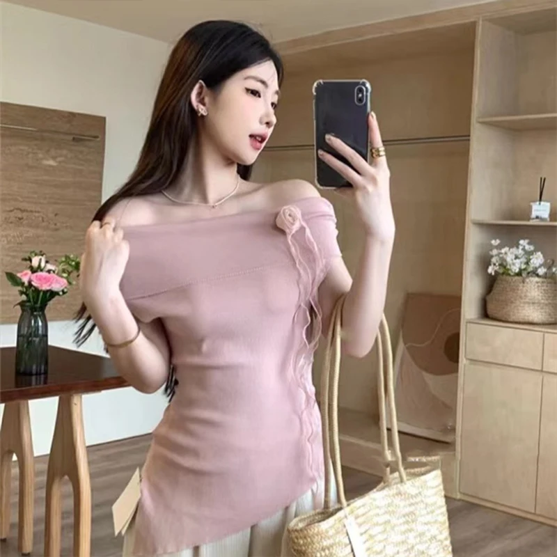 Women's Y2k Rose Flower Ribbon Off Shoulder Top Sexy Knit Sweater Slim Fit Short Top Autumn Outing Clothes Streetwear