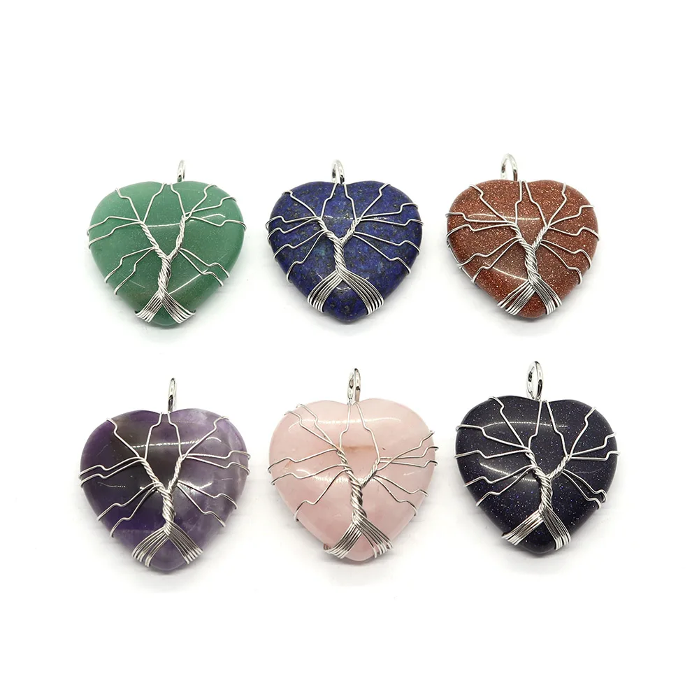 Natural Stone Heart Shape Amethyst Pendant 30x37mm Wrap Charm Fashion Jewelry DIY Necklace Earring Bracelet Boutique Accessories