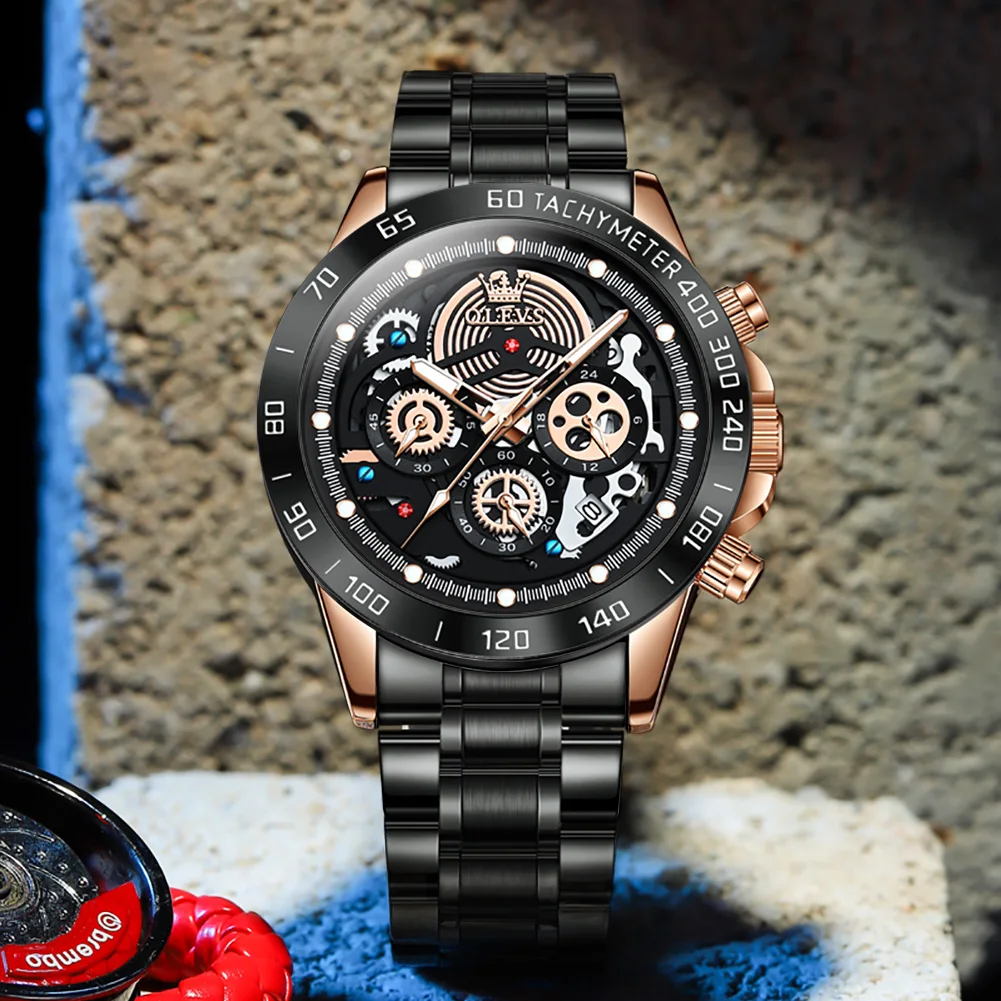 OLEVS-reloj deportivo de acero inoxidable para hombre, cronógrafo de pulsera de cuarzo, resistente al agua, diseño de esqueleto, marca superior, de