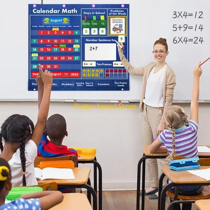 W89C 캘린더 포켓 차트 수학 포켓 차트 3 세 이상, 교실 포켓 차트 교육 보조 데이트 수학 계산