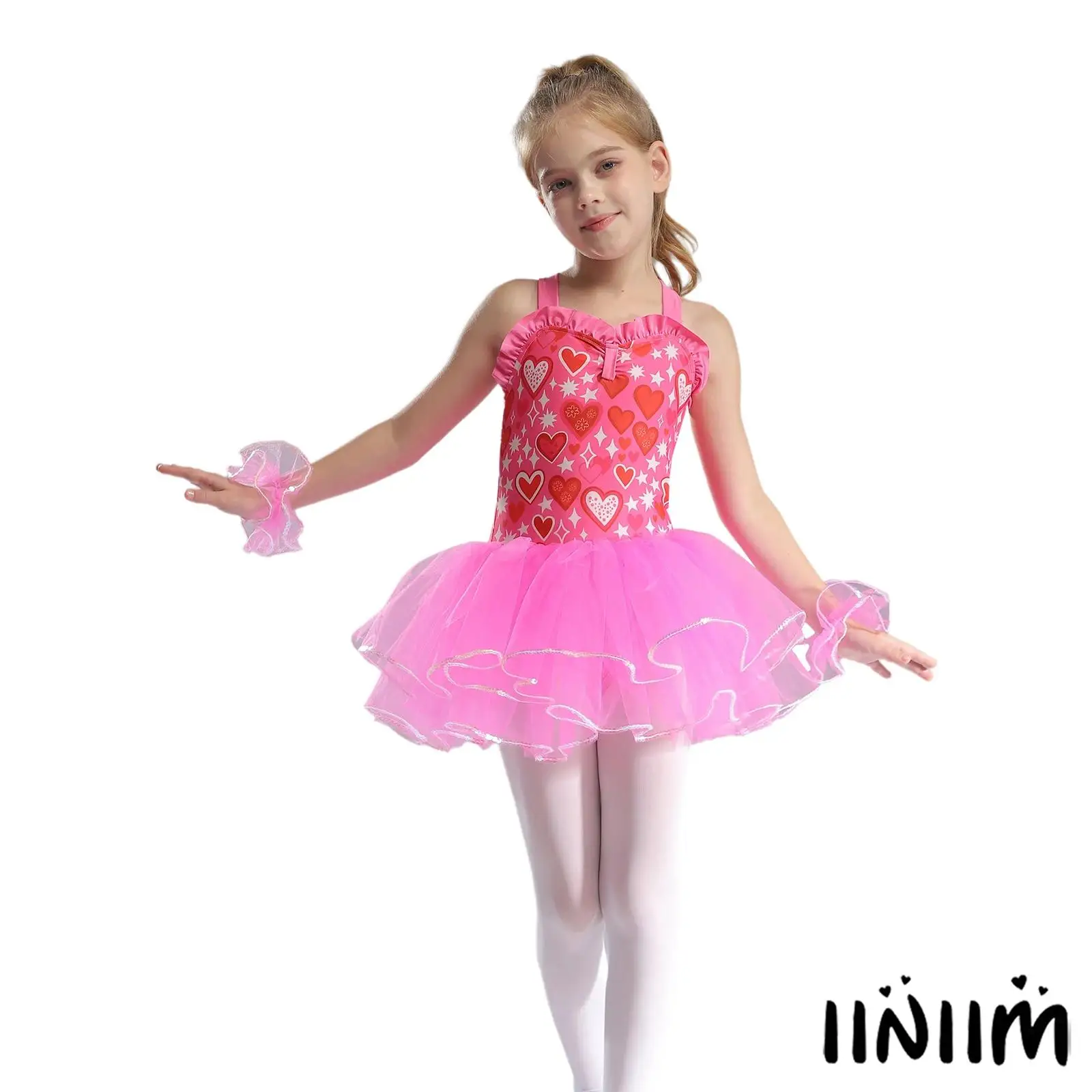 

Kids Girls Sleeveless Tutu Skirted Gymnastics Dance Leotard Colorful Print Sequins Mesh Tutu Ballet Dance Dress with Arm Sleeve