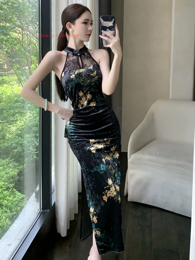 

2025 китайский улучшенный Cheongsam с цветочным принтом без рукавов, бархатное Ципао, винтажное вечернее платье для банкета, сексуальное платье для ночного клуба