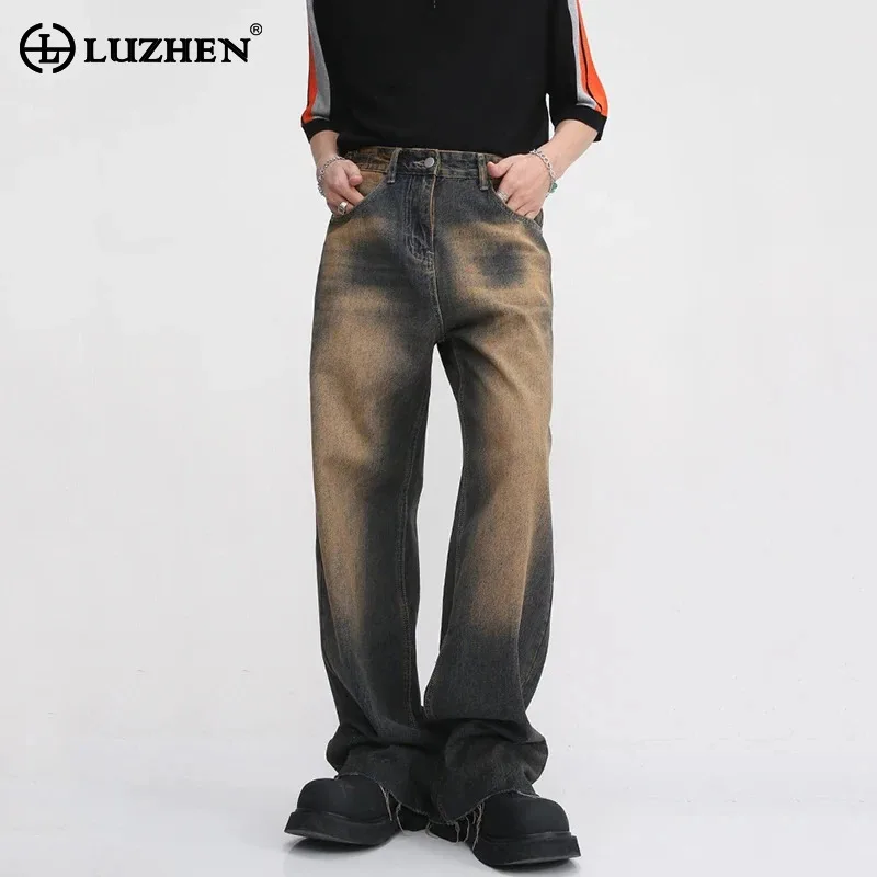 

LUZHEN Gradient Color Vintage Men's Burrs Jeans Summer New Straight Denim Pants High Street Male Casual Wide Leg Trousers 9A8628