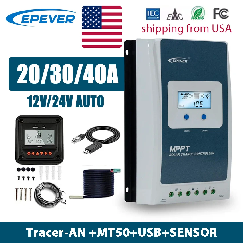 EPEVER 20A 30A 40A MPPT Solar Charge Controller 12/24V Battery Auto Identify 100V Panels Input Tracer2210AN MT50 USB Sensor