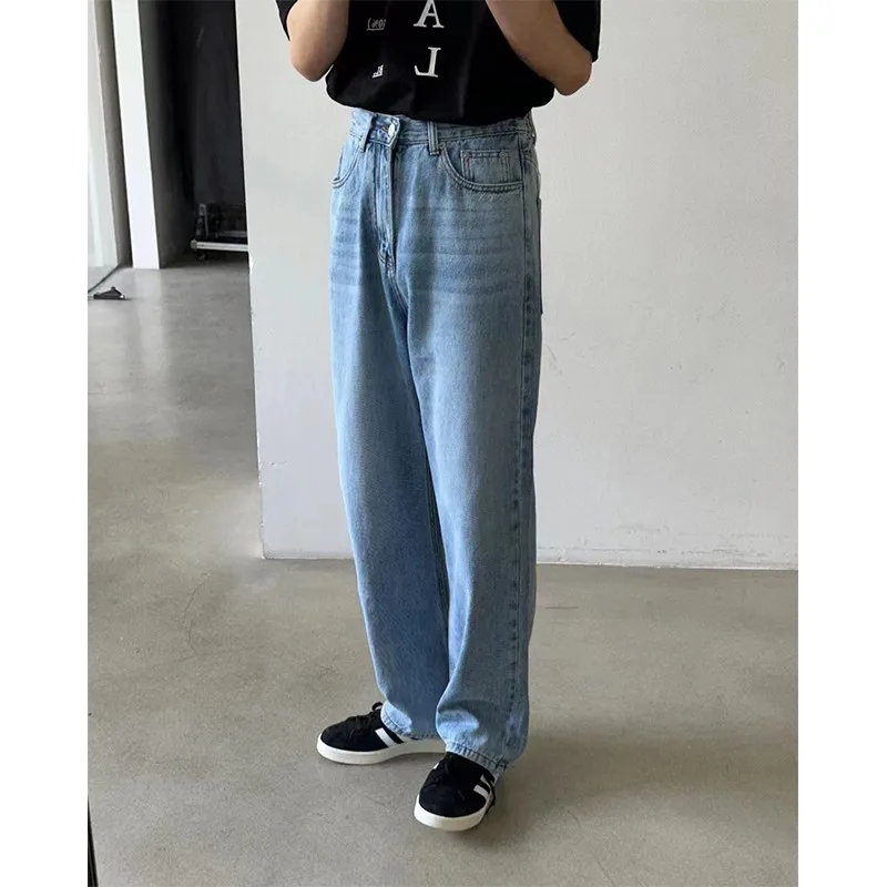 

Men's Mid-High Waist Straight Leg Jeans Casual Long Trousers Spring 2023 Trendy Loose Fit Water Waed Drapey Faionable