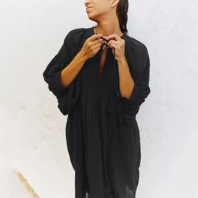 

Свободное короткое платье с рукавами-фонариками в стиле бохо, женское винтажное повседневное платье большого размера с v-образным вырезом, летний универсальный пляжный сарафан, женский