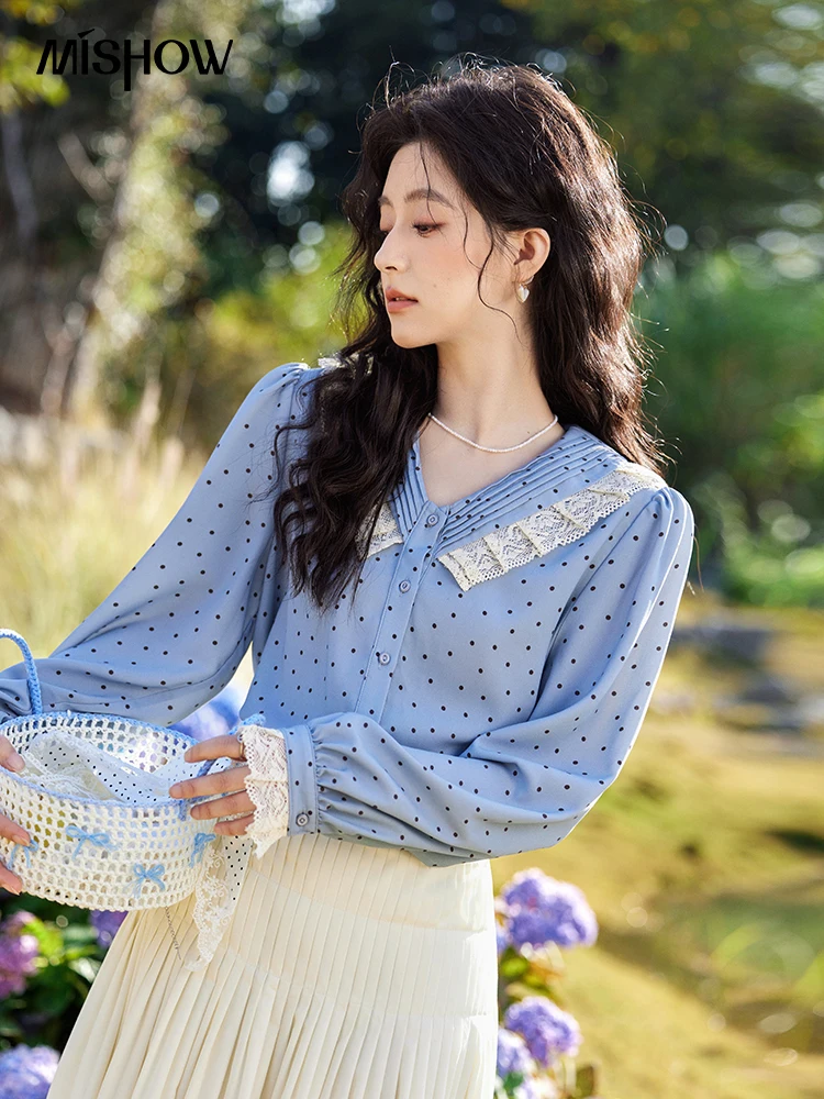 MISHOW Lace Patchwork Polka Dot Shirt for Women Spring 2025 French V-neck Shirt Cuff Splic with Hollowed Out Lace Top MXE12X1707