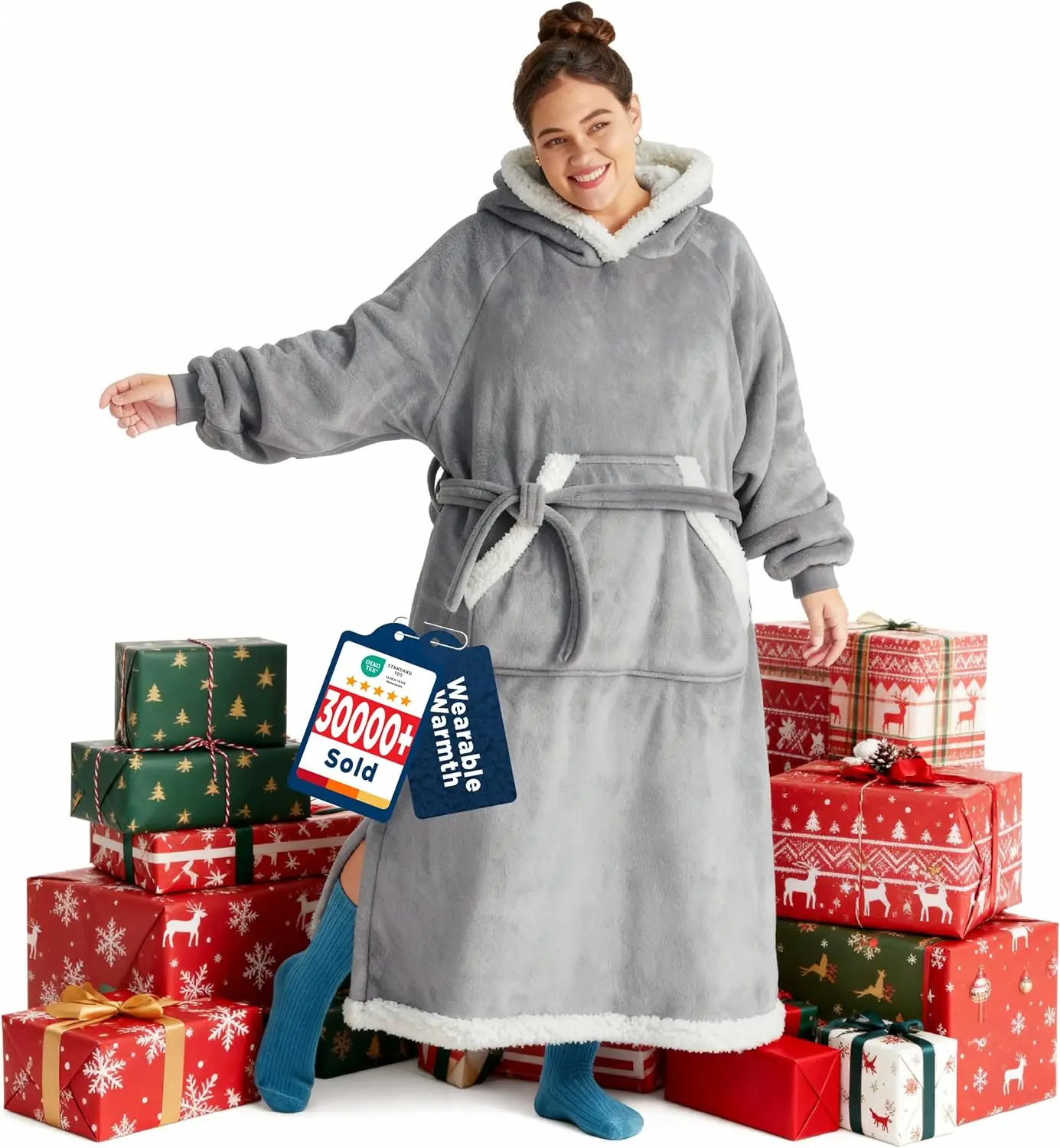 

Cozy Wearable Blanket Hoodie, Long Sherpa Sweatshirt for Women, Perfect Christmas Birthday Gift, Grey