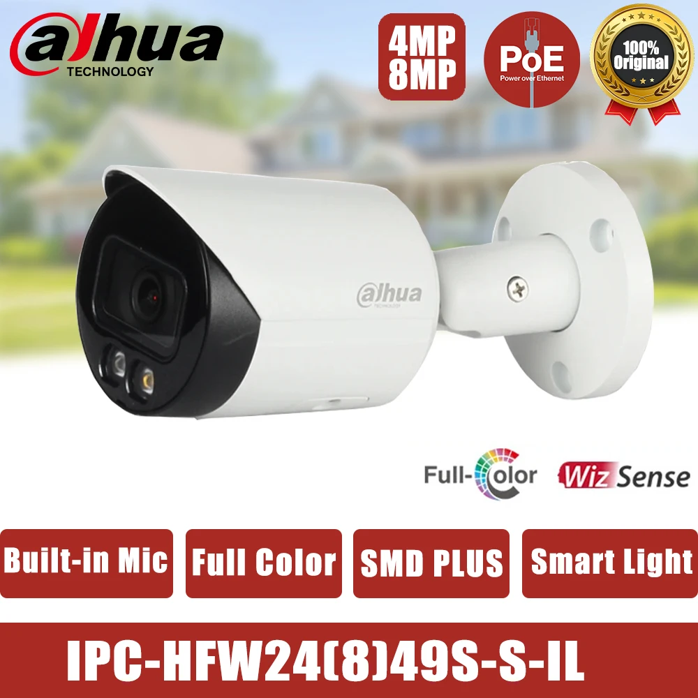 Dahua 4MP 8MP 4K Full Color IP Camera Smart Dual Light Bullet WizSense Surveillance Built in Mic HFW2449S-S-IL IPC-HFW2849S-S-IL