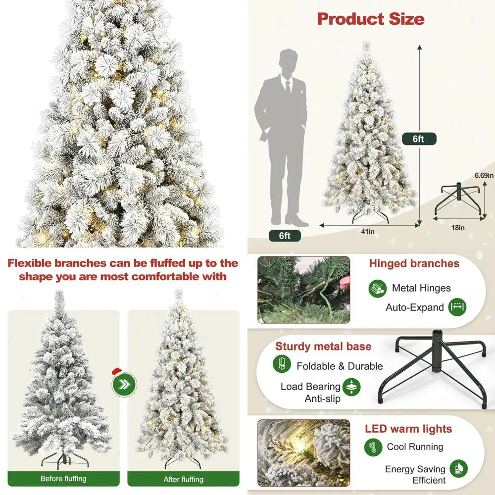 شجرة عيد الميلاد المتدفقة بالثلج بطول 6 أقدام مع 350 مصباح LED، و752 نصائح فرعية، وحامل معدني لسهولة التجميع للديكور الداخلي