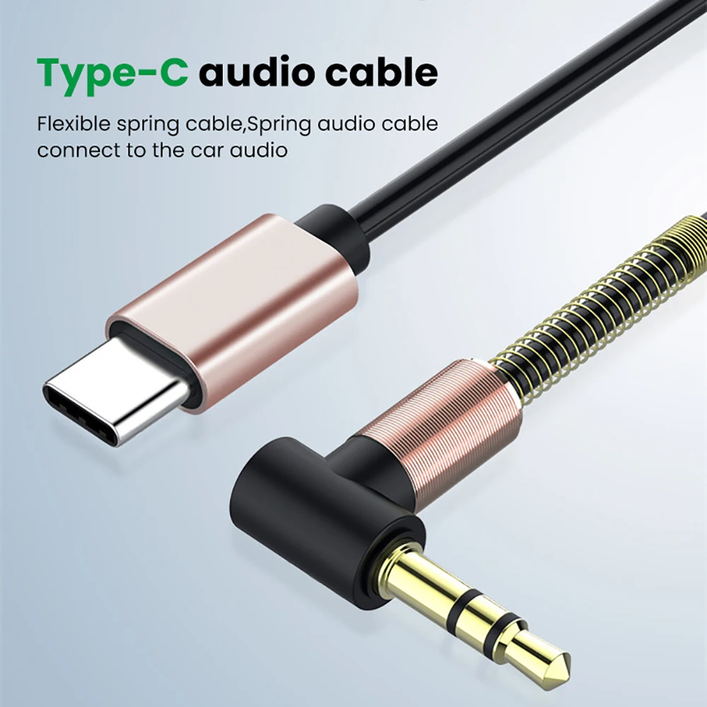 Retractable Spring USB C to 3.5mm AUX Audio Cable 90° Elbow Headphone Adapter for Car Speaker iPhone Samsung Xiaomi Smartphones