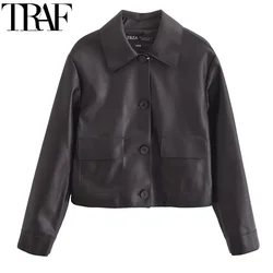 TRAF Leather Jacket Outerwears 2024 Women's Autumn Winter Elegant Long Sleeve Coats Ladies Fashion Casual Black Jacket Coats