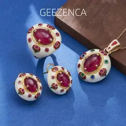 GEEZENCA Red Corundum 925 Silver Enamel Jewelry Sets Earrings Ring Pendant For Women 18K Gold Vintage Luxury Chic Gift 2024 New