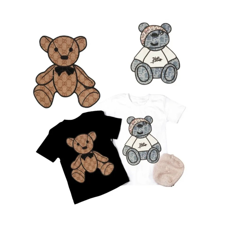 

Hand Sewn Teddy Bear Embroidery Patches Fabric Sticker Large Chest and Back Decorative Pattern Sticker Sew-on