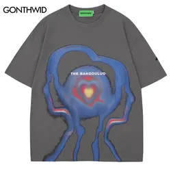 Hip Hop Punk T-Shirts Streetwear Men Abstract Eyeballs Heart Graphic Print Cotton Tshirt Harajuku Cotton Loose Summer Tops Tee