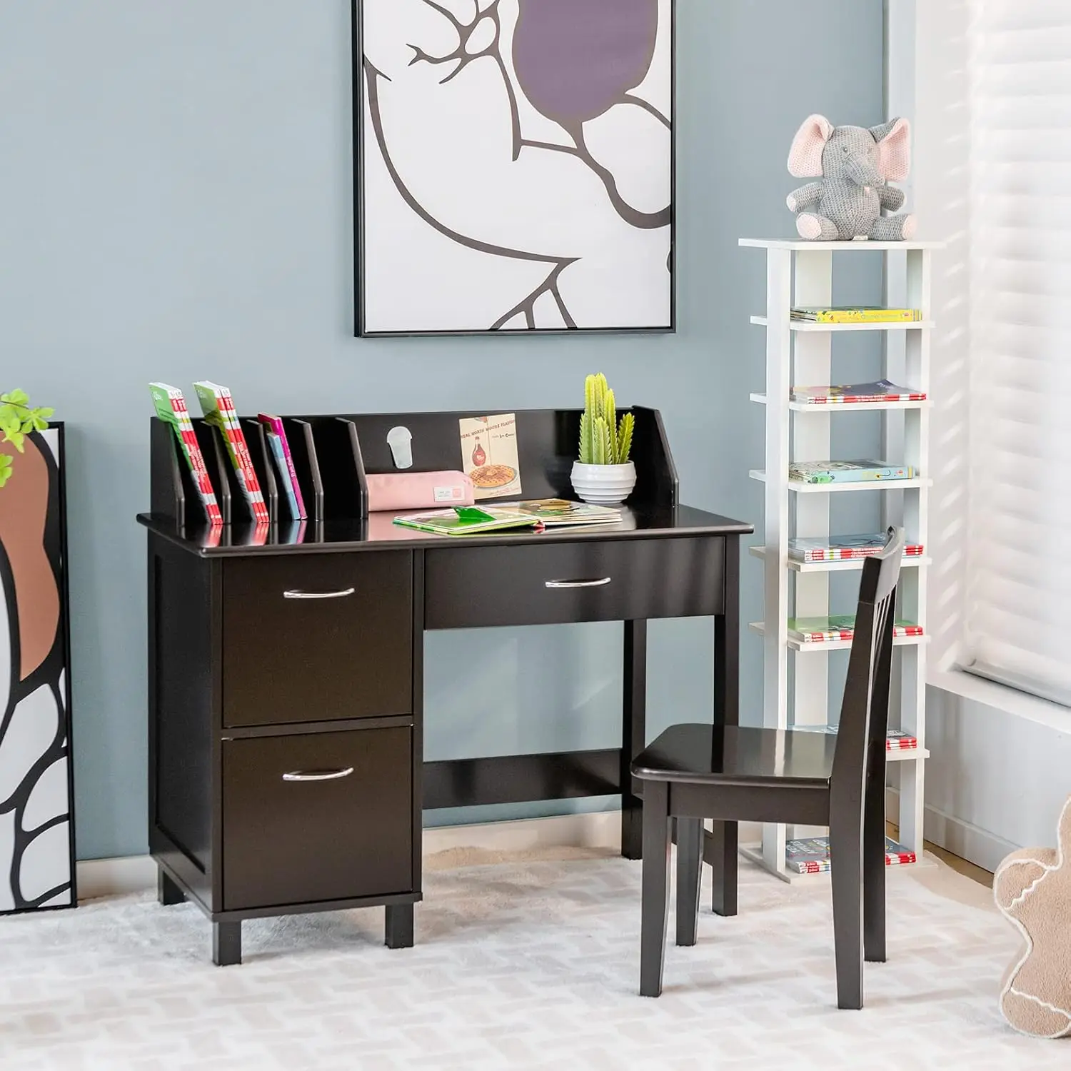 Children Wooden School Learning Table w/Drawer & Storage Cabinets, Student Writing Computer Workstation for Bedroom