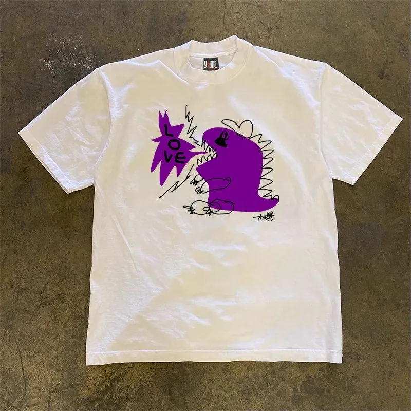 

Heavyweight 260g Pure Cotton T-Shirt with Fire Dinosaur Design Fun American Style Short Sleeve T-Shirt by Xiao Chen Story