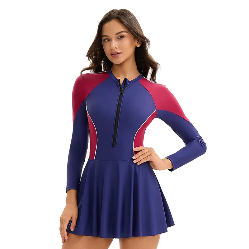 

Классический женский цельный солнцезащитный купальник с длинными рукавами и цветными блоками, юбка, облегающий и утягивающий