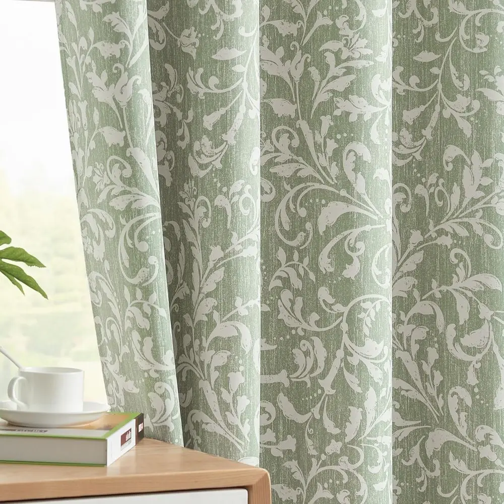 Cortinas florais de rolagem verde, 108 painéis de ilhó longos e isolados para sala de estar e quarto