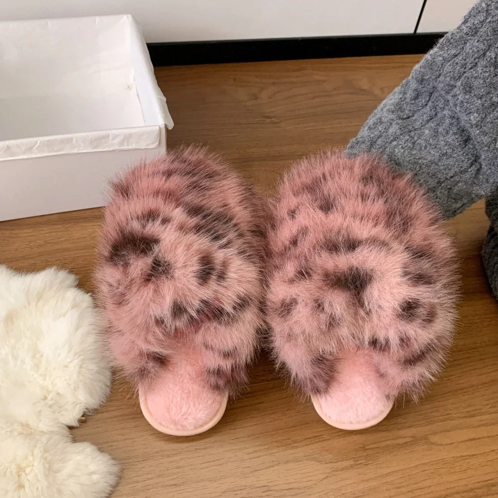 Damen Warme Hausschuhe Plüsch Leopardenfell Flauschige Pantoffeln Große Größen Geschlossene Zehenpartie Flache Sandalen Weiche Bequeme Schuhe für Frauen – Detail 35