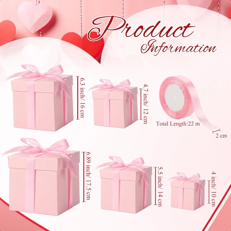 กล่องของขวัญตกแต่งทรงสี่เหลี่ยม 5 ชิ้น กล่องซ้อนกันได้ ขนาดคละสีชมพู