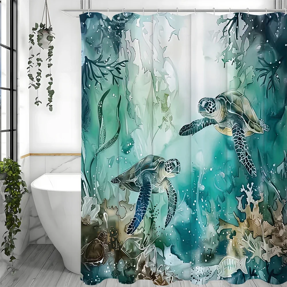 

Светло-зеленая акварельная занавеска для душа с морской черепахой, декоративная занавеска для душа в ванной комнате, водонепроницаемая занавеска для душа с крючками