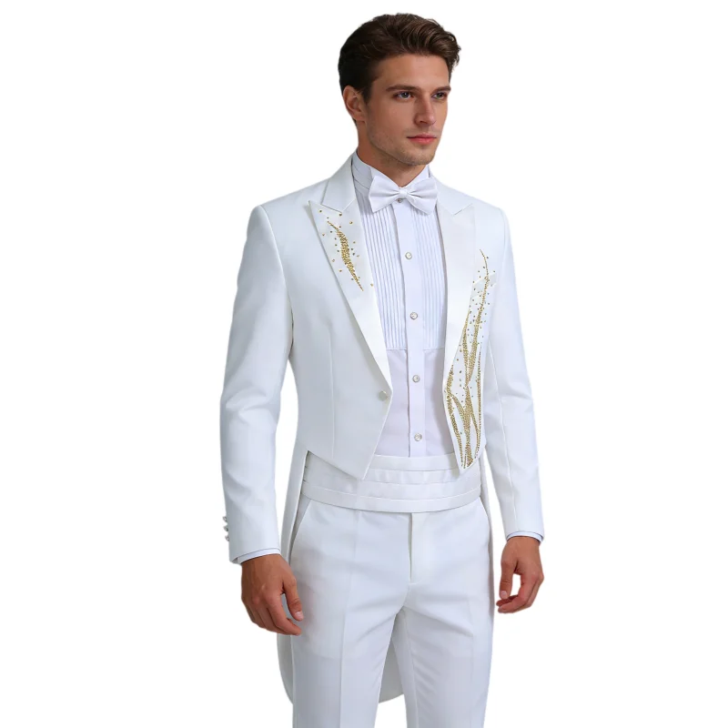 

White Crystals Men's Suits Magician Swallowtail Stage Costume Wedding Master Prom Host party singer Chorus performance clothes