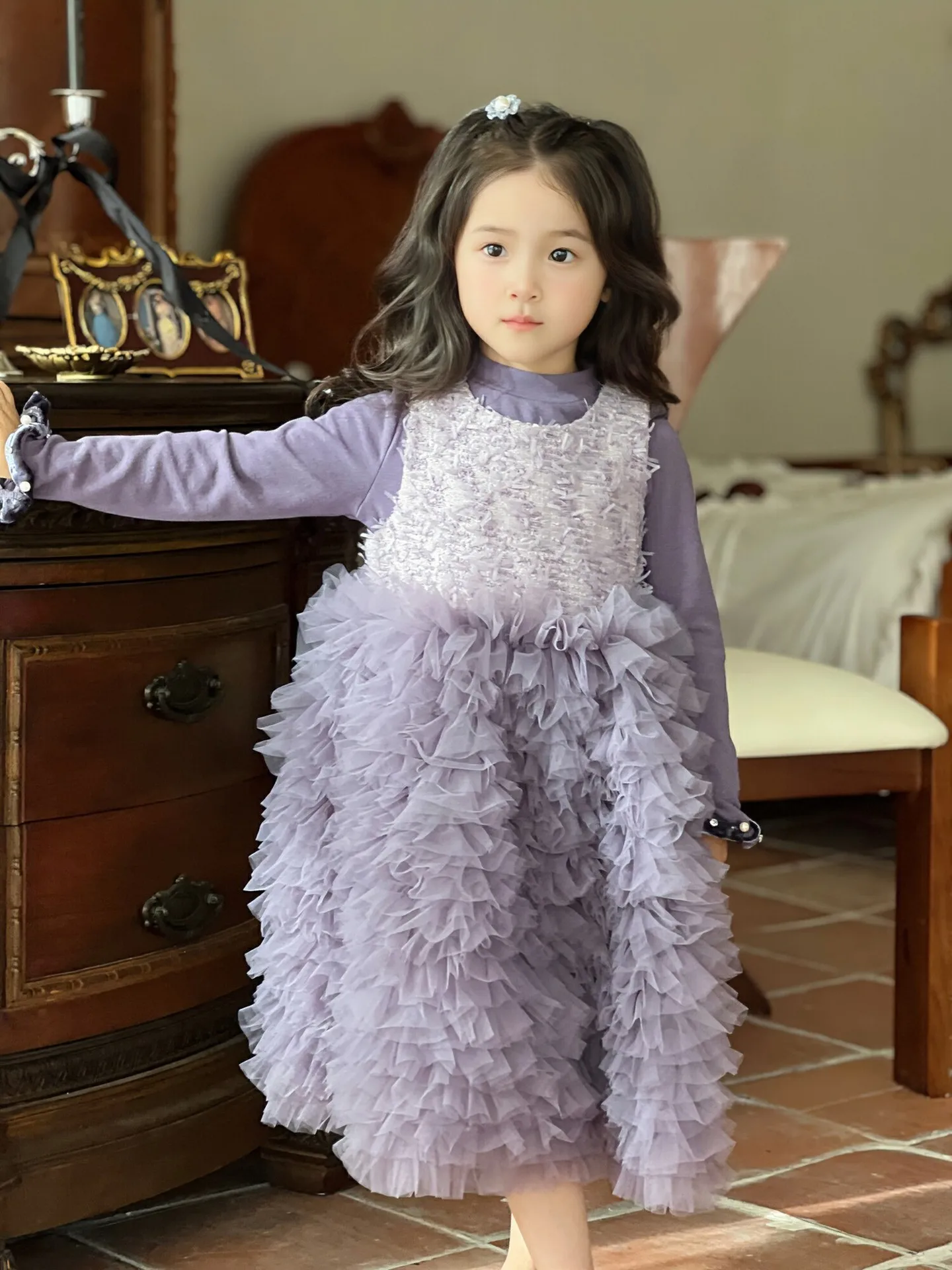 Girls Long Sleeve T-shirt and Sleeveless Sundress 2-piece Luxury Ball Gown Princess Dress Elegant Party Girl Purple Fluffy Dress