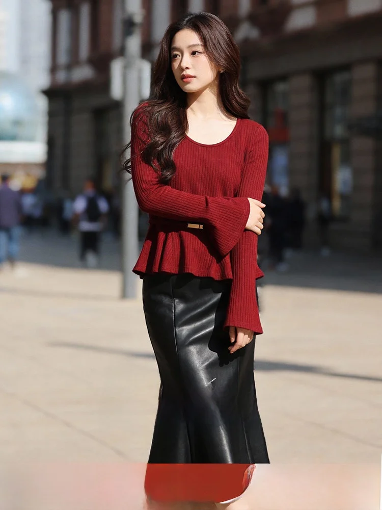 

plus Size Women's Faion Set Spring New High Waist A-Line Skirt Long Sve U-Ne Bell Sve Top And f Leather Skirt