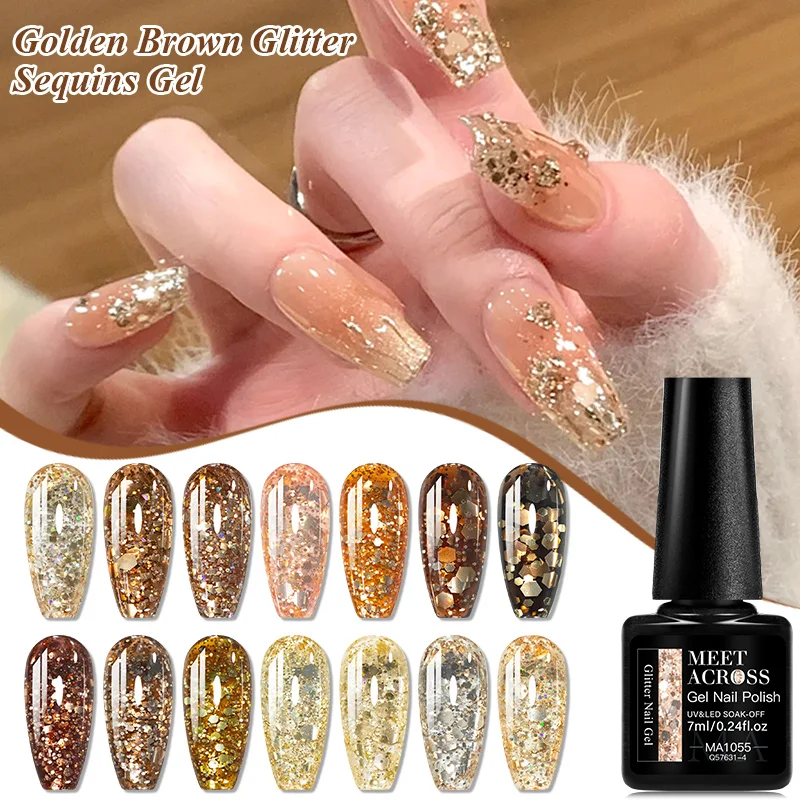 7ml Złoto-brązowy brokatowy lakier hybrydowy do paznokci, półtrwały, zdejmowany, utwardzany światłem UV/LED, lakier do manicure, artykuły do samodzielnego zdobienia paznokci