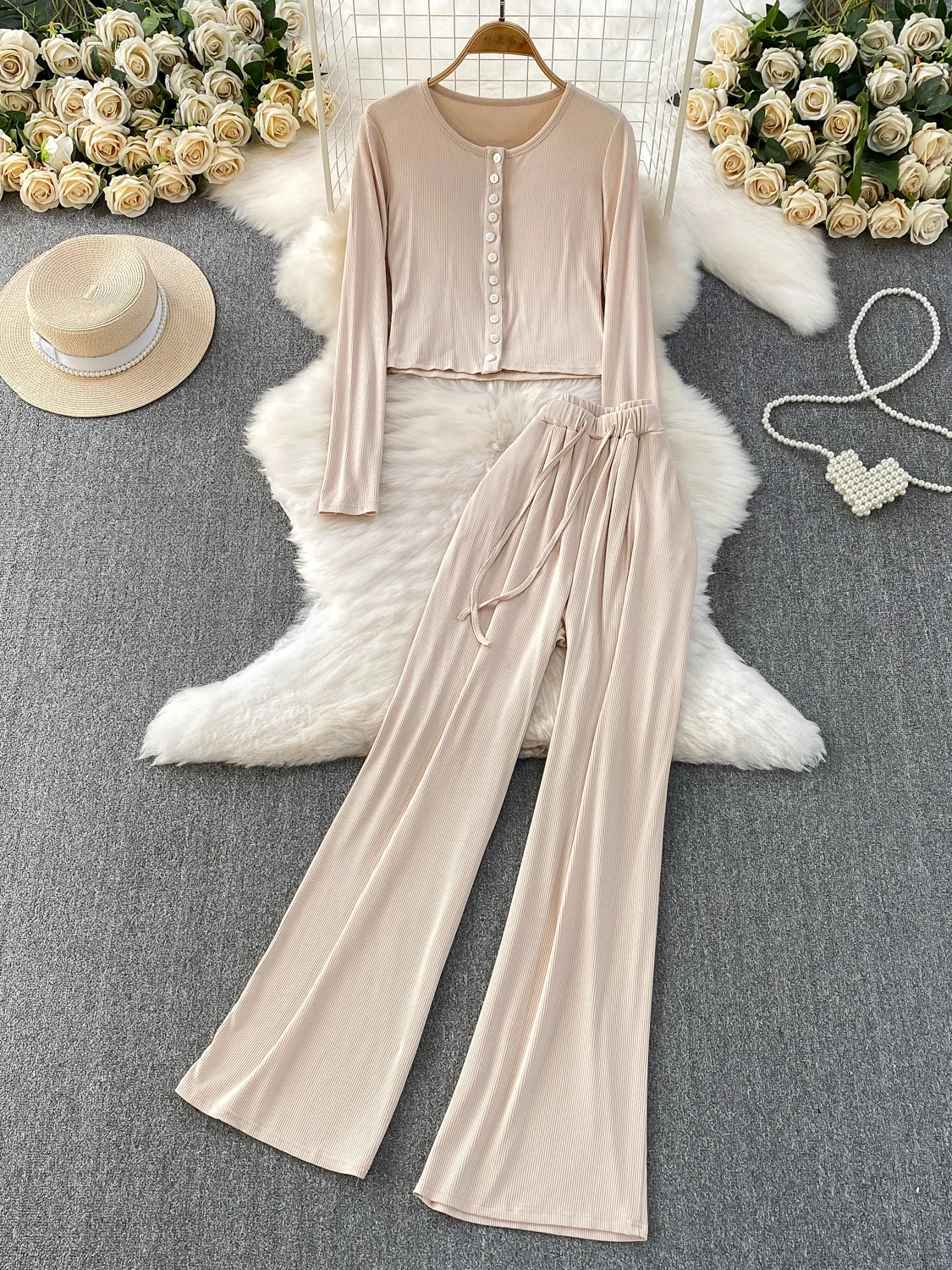 

Утягивающие широкие брюки с высокой талией, комплект из двух предметов, круглый однотонный топ на одной пуговице с поясом, повседневный ансамбль Faion